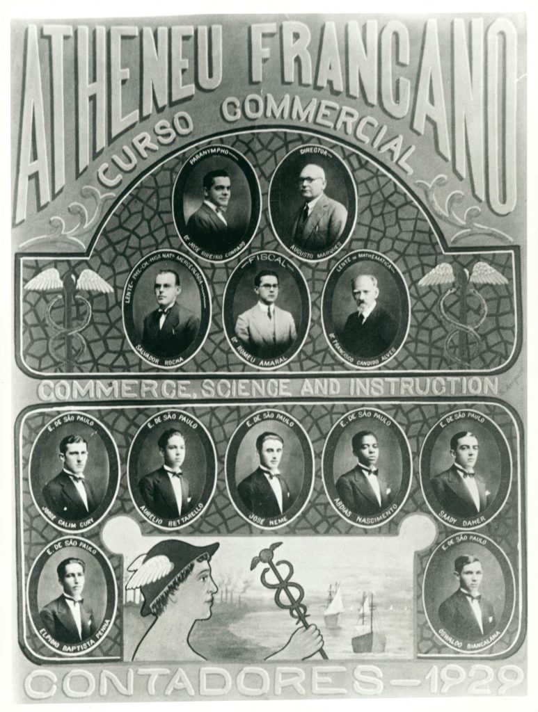 Retratos dos contadores formandos no Curso Commercial do Atheneu Francano, em Franca. ​Abdias aparece na terceira linha de fotos, o quarto da esquerda para a direita