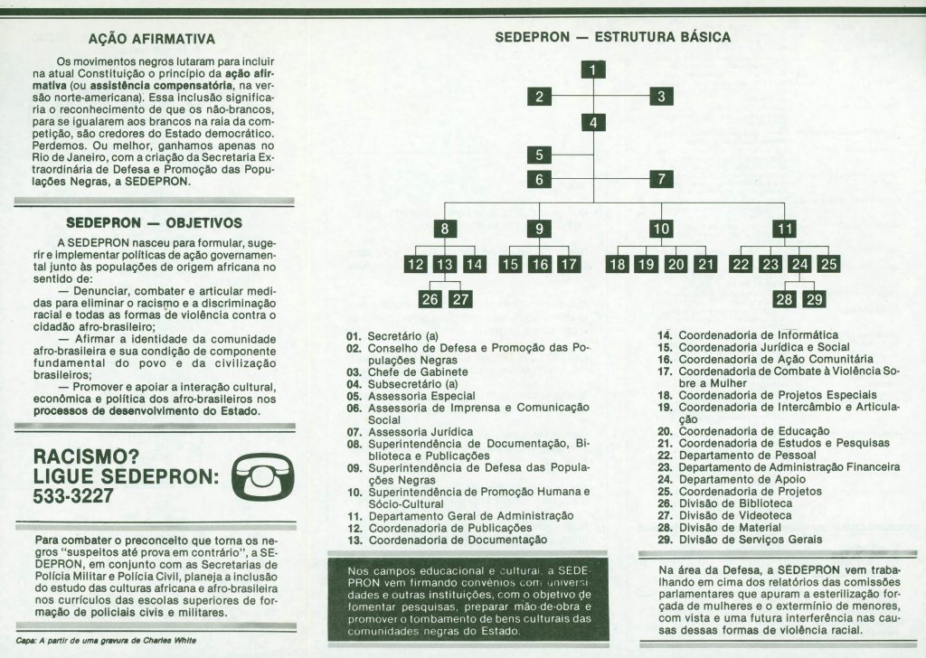 Informativo sobre a estrutura e os projetos de ação afirmativa da Secretaria Extraordinária para Defesa e Promoção das Populações Afro-Brasileiras (Sedepron)