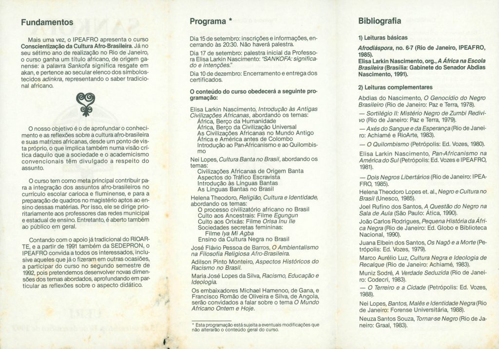 Folder (frente) do curso Sankofa, promovido pelo Ipeafro