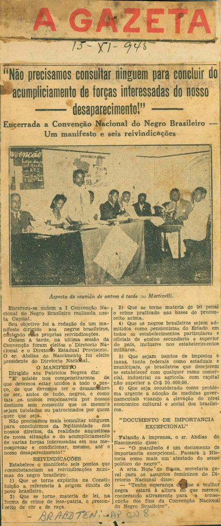Jornal a Gazeta - Encerrada a Convenção Nacional do Negro Brasileiro - com seis reivindicações
