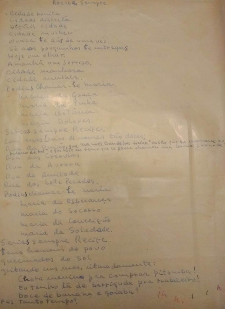 O manuscrito original poema “Recife sempre” de Paulo Freire