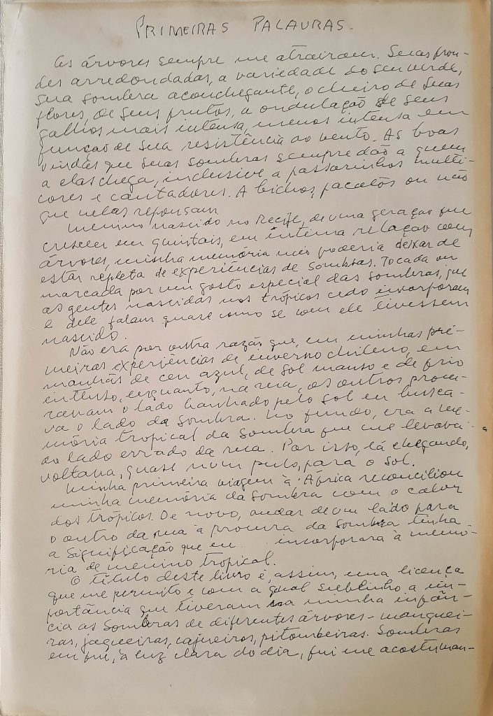 Manuscrito de trecho do livro “Á sombra desta mangueira” de Paulo Freire