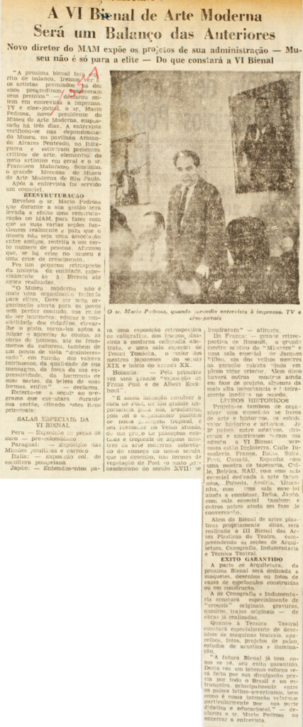 Reportagem “A VI Bienal de Arte Moderna será um balanço das anteriores”, publicada no jornal Correio Paulistano em 19 de novembro de 1960 coleção Fundação Bienal de São Paulo/Arquivo Histórico Wanda Svevo